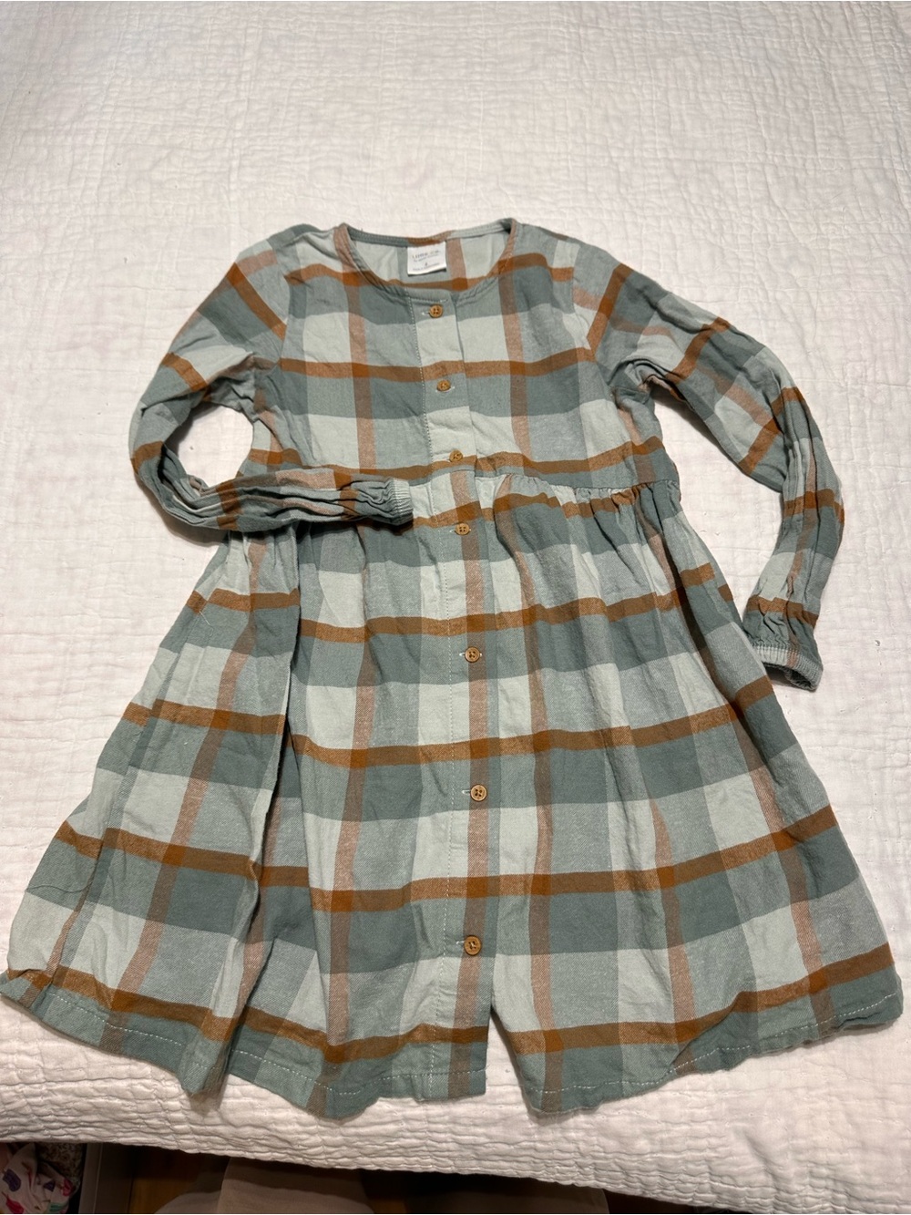 Girls' Long Sleeve Plaid Button-Front Dress - Sage & Tan